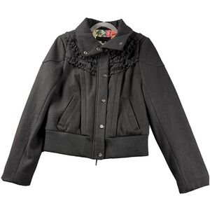 Steve Madden Womens Size M Black Wool Blend Ruffle Bomber Moto Jacket  Coat